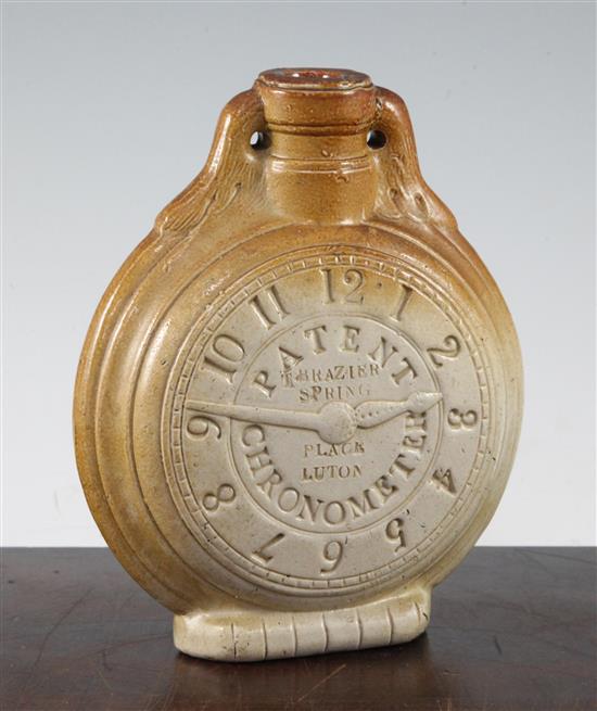 A rare English saltglaze stoneware Patent Chronometer flask, c.1835-40, 17.5cm